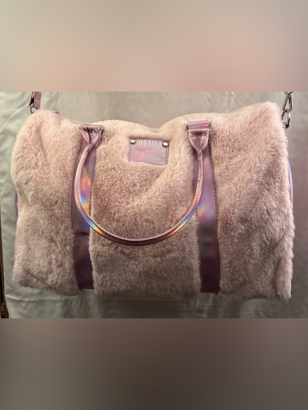 Justice Pink Faux Fur Travel Duffle with Iridescent Handles